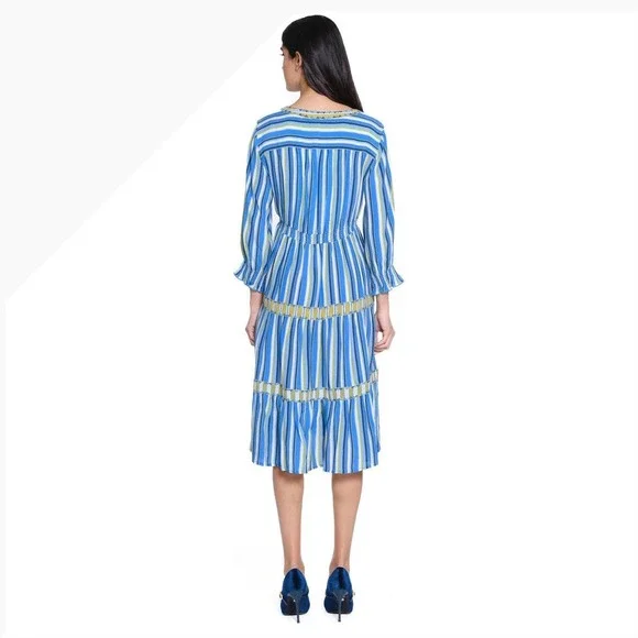 JOHN MARK Striped V Neck Tiered Midi Dress Blue Yellow Embellished Size L - Picture 2 of 13